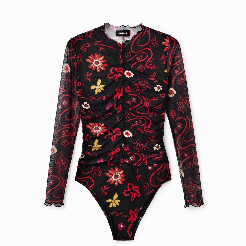 Black Floral Long Sleeve Bodysuit